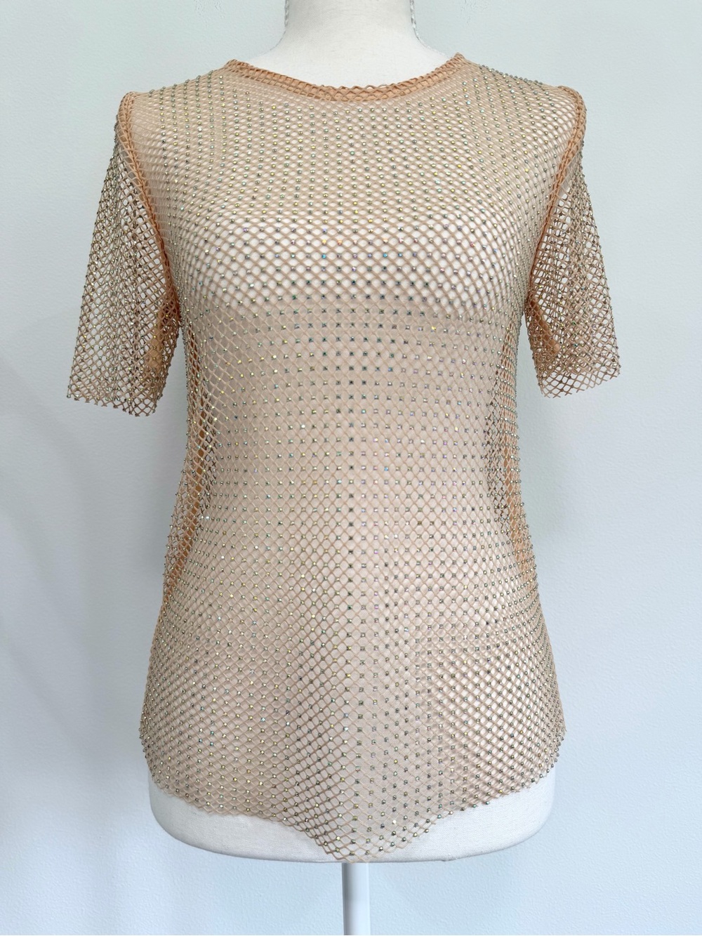 Anthropologie Sunday in Brooklyn Nude Sheer Rhinestone Net Short Sleeve Top